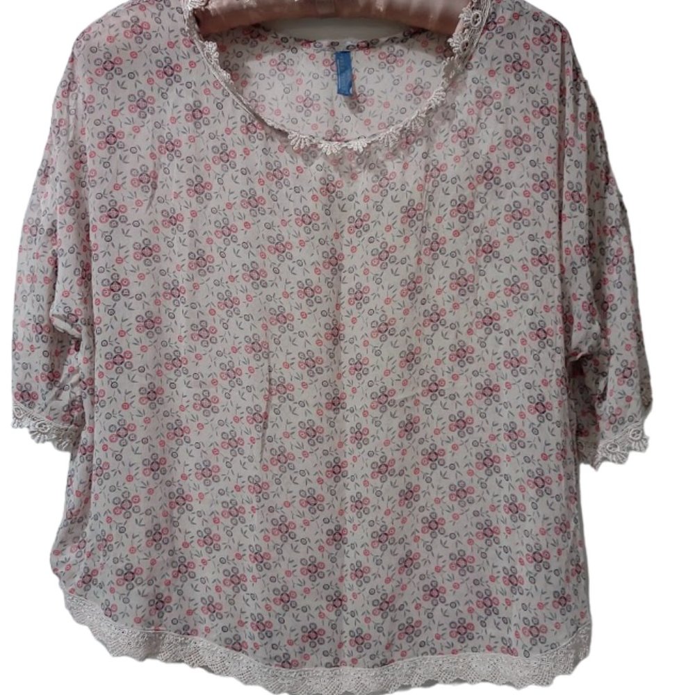 Free People Crochet Lace Trim Sheer Floral Blouse M